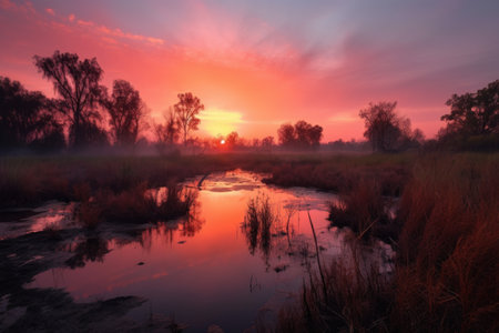 wetland at sunrise, with orange and pink hues illuminating the sky, created with generative aiの素材