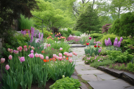 pastel tulips in a garden setting, created with generative aiの素材