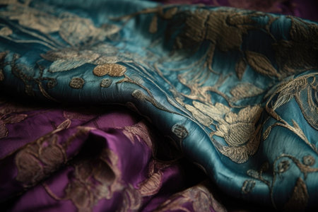 close-up of fine silk fabric with intricate patterns and textures, created with generative aiの素材