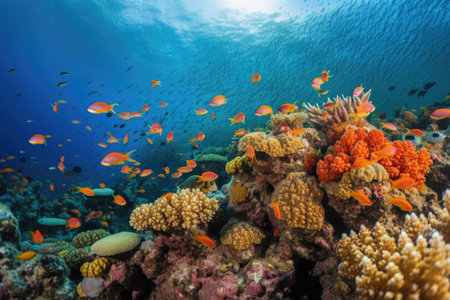 tropical fish swimming in school, surrounded by coral reef, created with generative aiの素材