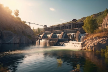 hydroelectric power plant with cascading waterfalls, providing renewable and clean energy, created with generative aiの素材