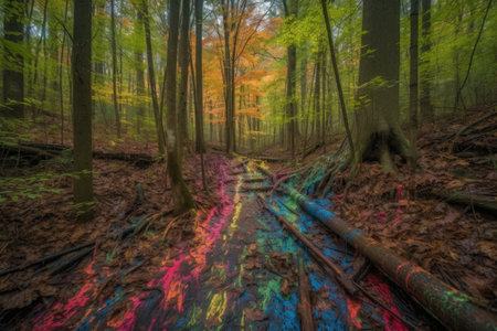 stream of colorful markers leading the way through dense forest, created with generative aiの素材