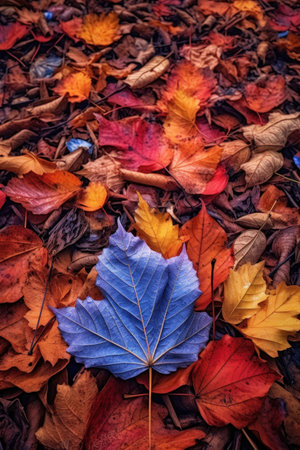 colorful autumn leaves on forest floor, created with generative aiの素材
