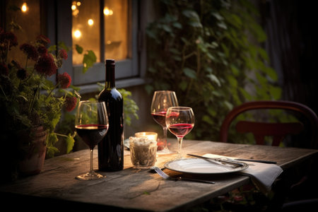 outdoor table settings with wine glasses and bottle of red, for a romantic evening, created with generative aiの素材
