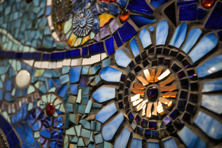 close-up of mosaic and stained glass artwork, with intricate details visible, created with generative aiの素材