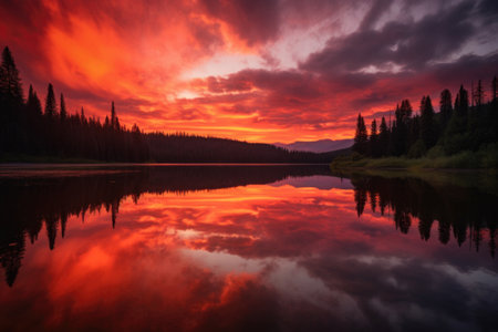 serene lake reflections during sunset, with sky showing vibrant hues of orange and red, created with generative aiの素材