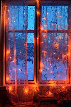 christmas lights shining through frosty window panes, created with generative aiの素材