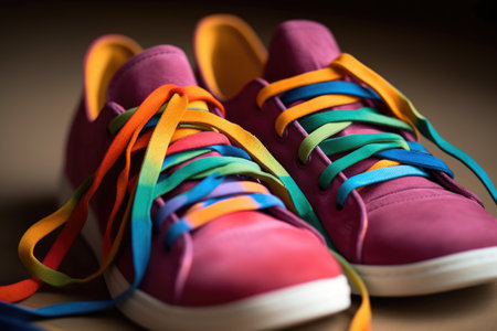 close-up of sneakers, with bright and colorful laces, created with generative aiの素材
