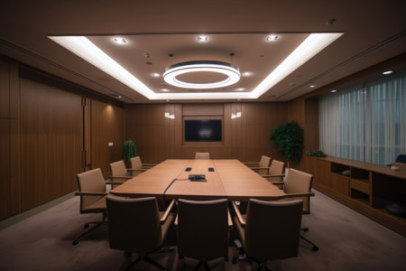 smart lighting solution for conference room, with individual lights for each person and automatic dimming when not in use, created with generative aiの素材