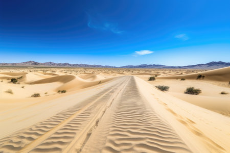 scenic road trip through the desert, with endless sand dunes and clear blue skies, created with generative aiの素材
