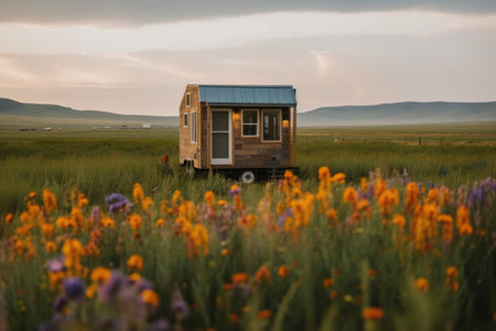 tiny house in the middle of wildflower field, created with generative aiの素材