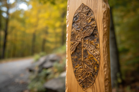 close-up of trail marker with handcrafted details and unique design, created with generative aiの素材