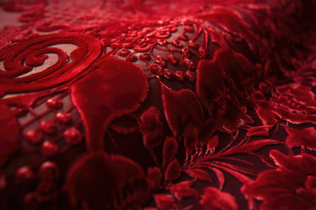 close-up of red velvet fabric with intricate and delicate design, created with generative aiの素材