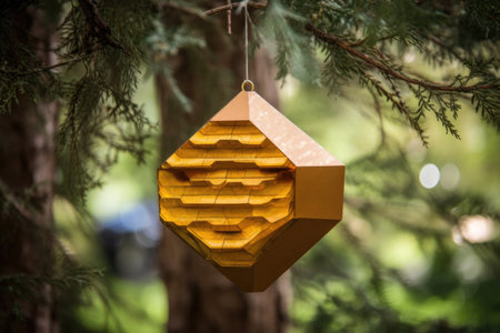 abstract geometric beehive hanging from a tree branch, created with generative aiの素材