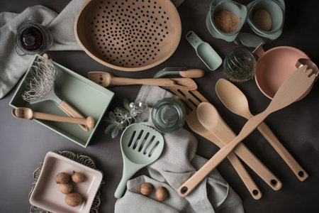 a collection of cooking utensils, including spatulas and strainers, in a flatlay setup, created with generative aiの素材