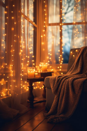 warm bokeh effect of twinkling christmas lights in a cozy room, created with generative aiの素材