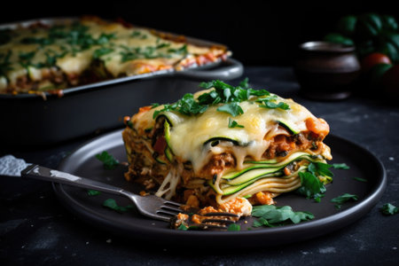 veggie lasagna, layered with zucchini noodles, cheese and sauce, created with generative aiの素材