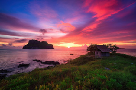 remote island offering peaceful sunrise with sky filled with vibrant colors, created with generative aiの素材