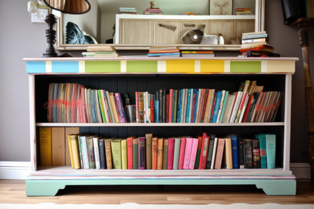 upcycled library with upcycled bookshelves and upcycle books, created with generative aiの素材