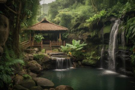 wellness retreat with serene waterfall and greenery in the background, created with generative aiの素材