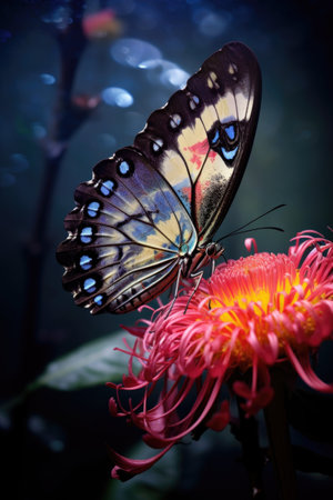 butterfly feeding on nectar from a blossoming flower, created with generative aiの素材