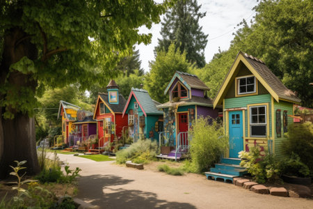 a tiny house community filled with whimsical, colorful homes in a park setting, created with generative aiの素材