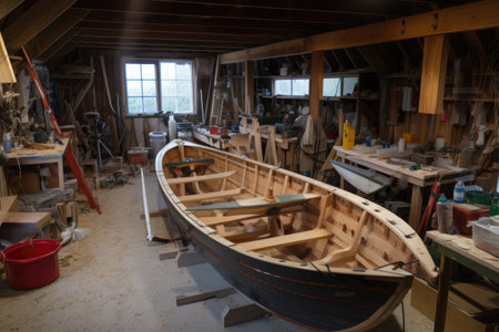 a wooden boat being built in a workshop, with tools and materials nearby, created with generative aiの素材