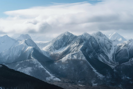 snow-capped mountain range, with clouds gathering in the distance, created with generative aiの素材
