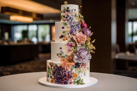 wedding cake with a hand-painted floral design and elegant accents, created with generative aiの素材