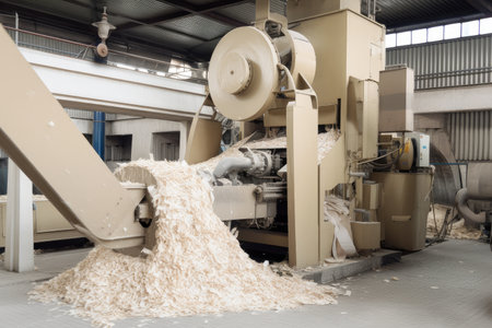 grinding machine pulverizing recycled paper into pulp for new paper products, created with generative aiの素材