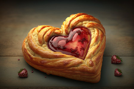 heart-shaped danish pastry with strawberry filling, surrounded by a heart, created with generative aiの素材