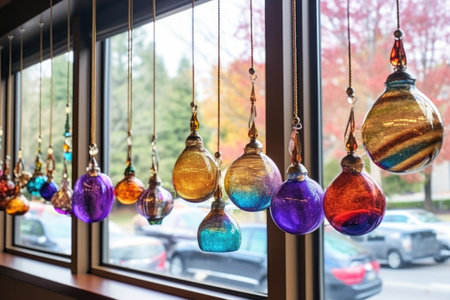 glass ornaments hanging in a window, created with generative aiの素材