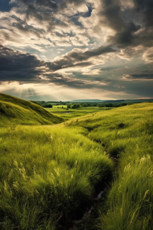 rolling grass hills under a dramatic cloudy sky, created with generative aiの素材