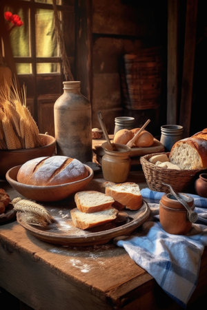 freshly baked bread on rustic wooden table, created with generative aiの素材