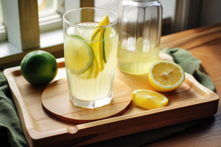 glass of homemade lemonade with slice of lemon and wedge of lime on a wooden tray, created with generative aiの素材