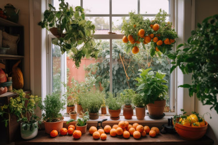 vertical garden with herbs, fruits, and vegetables on a window sill, created with generative aiの素材