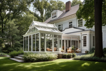 traditional home with sunroom addition to maximize natural light and bring in greenery, created with generative aiの素材