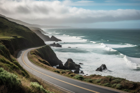 scenic road trip down the coast with rolling waves and scenic views, created with generative aiの素材