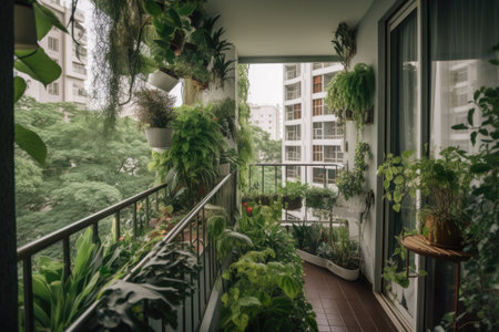 towering trees and lush greenery on a window garden balcony, created with generative aiの素材
