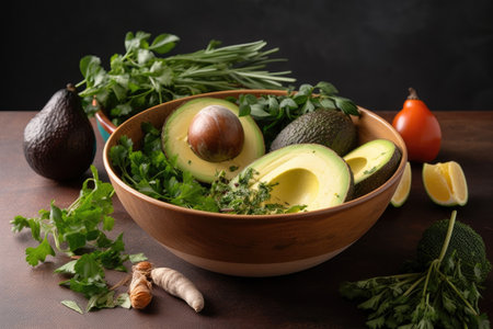 a bowl filled with ingredients for a deconstructed recipe: ripe avocado, fresh herbs and spices, created with generative aiの素材
