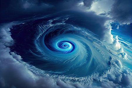 tropical cyclone swirling over calm, blue ocean, created with generative aiの素材