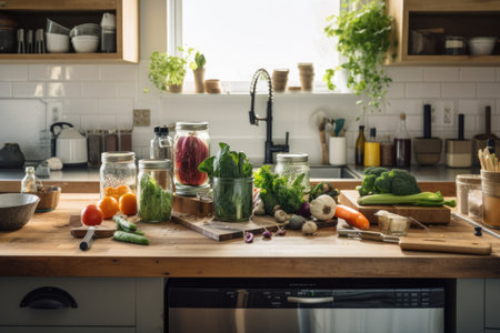 kitchen filled with fresh ingredients and zero-waste cooking tools for healthy, nutritious meal, created with generative aiの素材