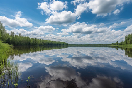 reflections of the sky and clouds on a calm lake, created with generative aiの素材