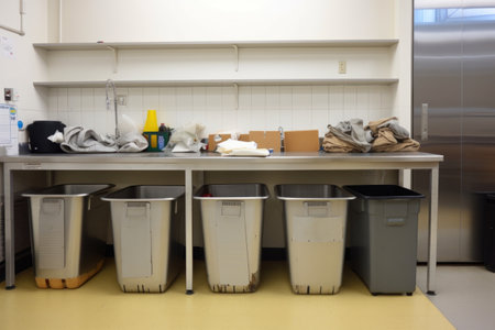 zero-waste kitchen, with compost bin and recycling containers visible, created with generative aiの素材