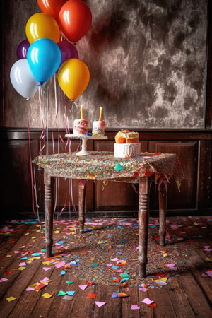 confetti scattered on a wooden table with party decorations, created with generative aiの素材
