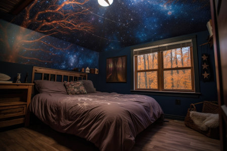 cozy bedroom, with mural of forest and starry sky, created with generative aiの素材
