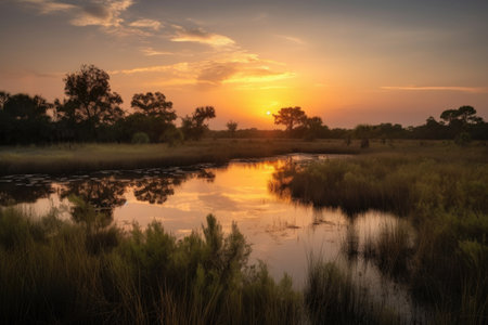 wetlands and marshes, with view of sunset or sunrise, providing a peaceful and serene setting, created with generative aiの素材