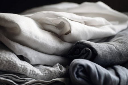 close-up of neatly folded laundry, with delicate fabric and fine stitches visible, created with generative aiの素材