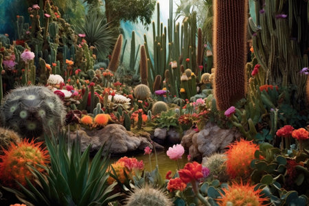 cactus garden showcasing various blooming species, created with generative aiの素材
