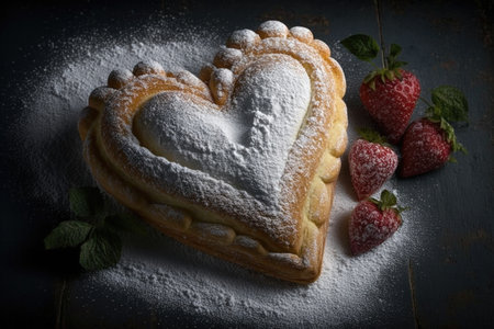 heart-shaped danish pastry with fresh fruit filling and dusting of powdered sugar, created with generative aiの素材